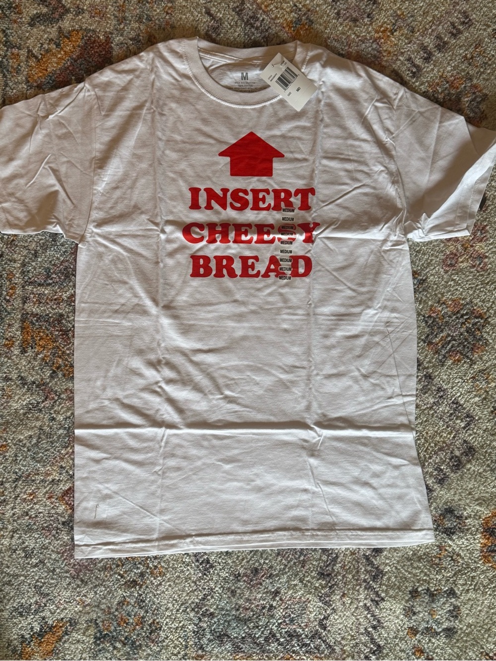 Insert Cheesy Bread Graphic Tee White Red Arrow Unisex Medium NWT